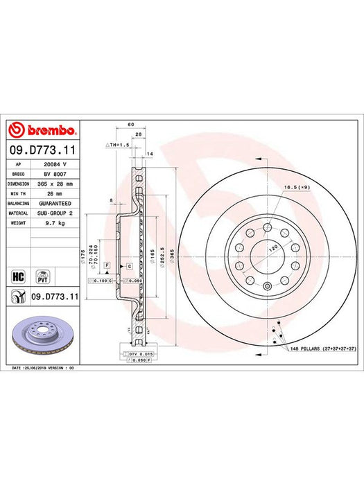 Brembo Disc Brake Rotor (Single) 365mm 09.D773.11 Discs Brembo - Micks Gone Bush