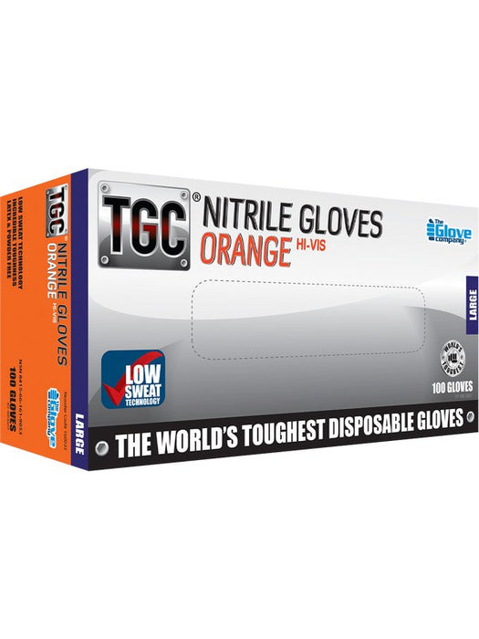 TGC Hi-Vis Orange Nitrile Disposable Gloves - Medium, Box of 100 160032 THE GLOVE COMPANY - Micks Gone Bush