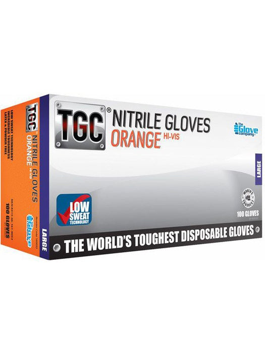 TGC Hi-Vis Orange Nitrile Disposable Gloves - Medium, Box of 100 160032 THE GLOVE COMPANY - Micks Gone Bush