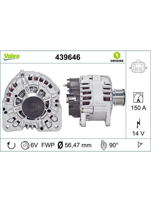 Valeo Alternator 12V 150A 6Pv Suit Renault Kangoo, Clio, 2008-On 439646 Alternators & Generators Valeo - Micks Gone Bush