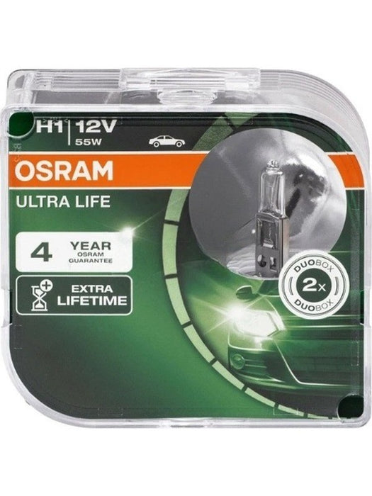 Osram Pack 2 H1 Ultra Life Halogen Globe 12V 55W P14.5S Duo Box 64150ULT-DUO Osram - Micks Gone Bush