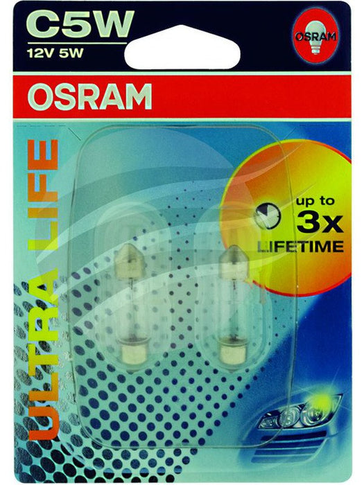 Osram Pack 2 Ultra Life Festoon Globe 12V 5W Sv8.5 C5W 35mm Base 6418ULT-02B Osram - Micks Gone Bush
