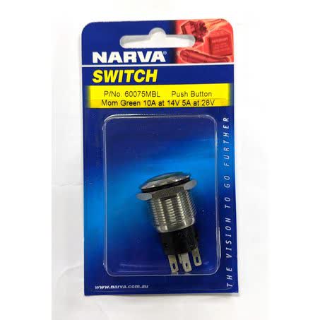 Narva Push Button Switch Momentary LED Green 10A 14V 5A 28V Part No. 60075MBL SWITCH NARVA - Micks Gone Bush