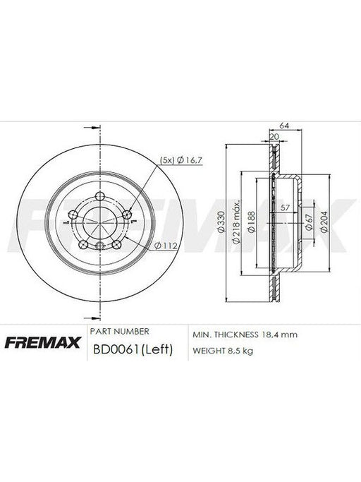Fremax Brake Disc Left Rear Bmw 5 (G30, F90) 530E 2017-On BD-0061 Fremax - Micks Gone Bush