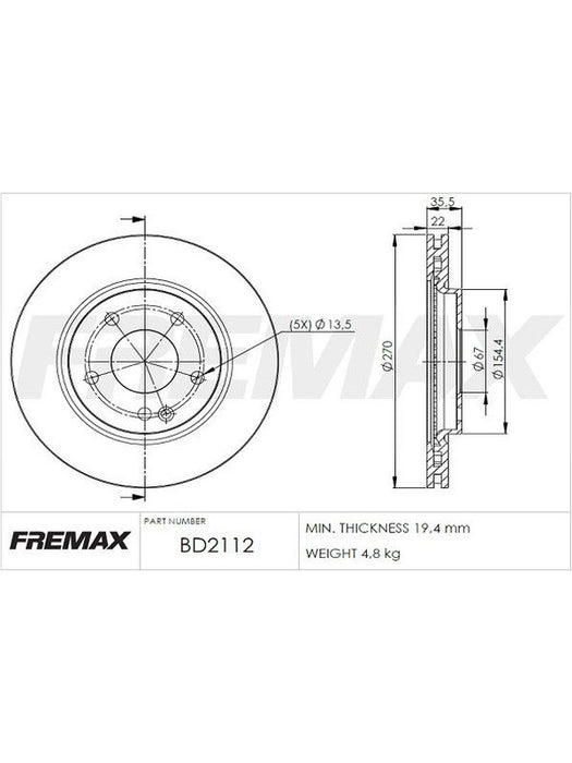 Fremax Brake Rotor Vented Pair Front BD-2112 Fremax - Micks Gone Bush