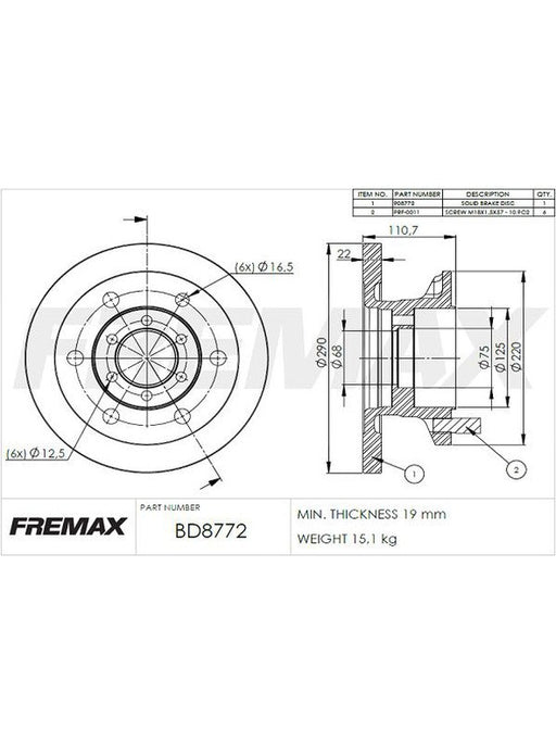 Fremax Brake Rotor Solid Each For Iveco Daily Front 290mm BD-8772 Fremax - Micks Gone Bush