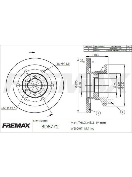 Fremax Brake Rotor Solid Each For Iveco Daily Front 290mm BD-8772 Fremax - Micks Gone Bush