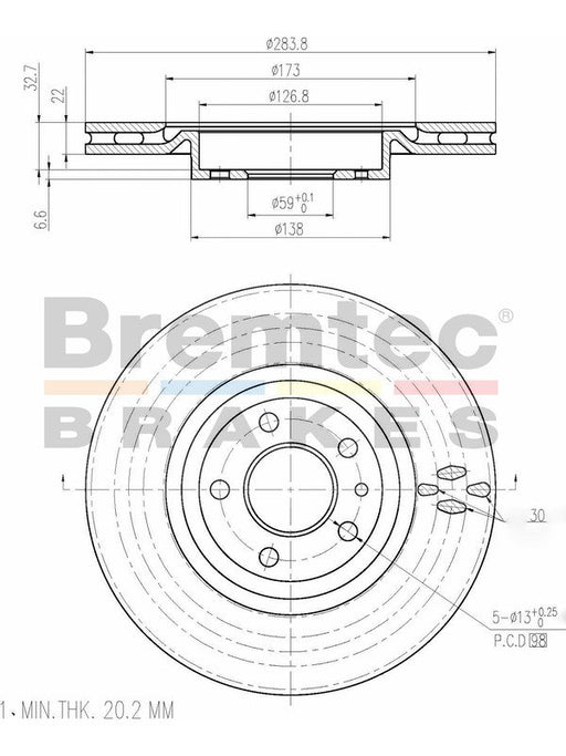 Bremtec Euro-Line Disc Brake Rotor (Pair) 283.8mm BDR10030EL Discs Bremtec - Micks Gone Bush