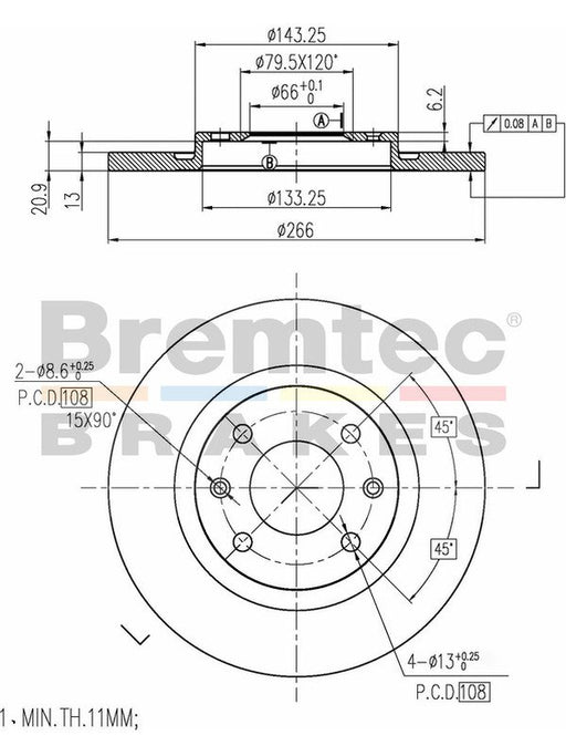 Bremtec Euro-Line Disc Brake Rotor (Pair) 266mm BDR10110EL Discs Bremtec - Micks Gone Bush