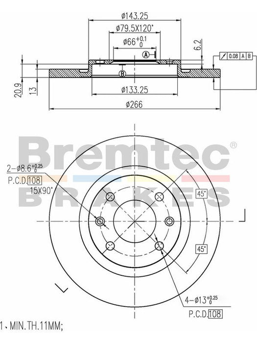 Bremtec Euro-Line Disc Brake Rotor (Pair) 266mm BDR10110EL Discs Bremtec - Micks Gone Bush