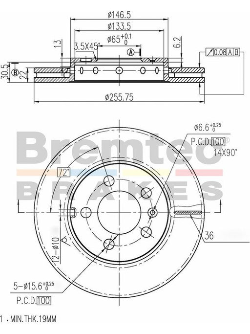 Bremtec Euro-Line Disc Brake Rotor (Pair) 256mm BDR10190EL Discs Bremtec - Micks Gone Bush