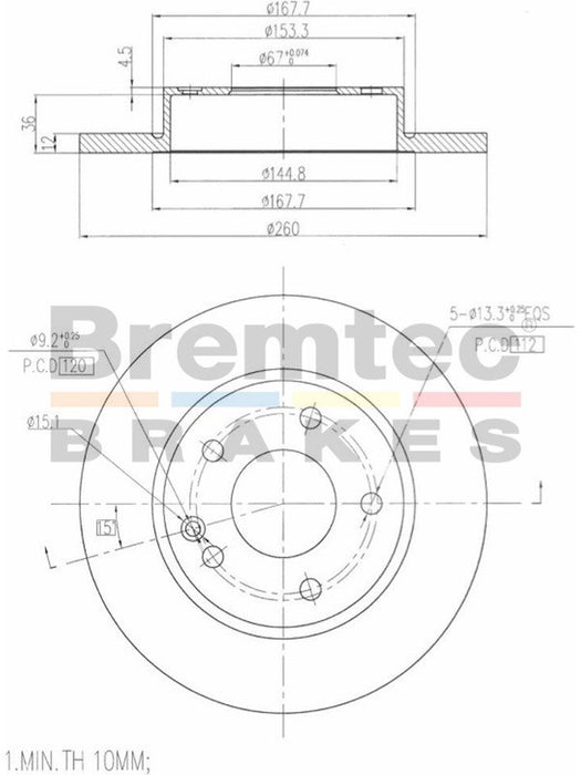 Bremtec Euro-Line Disc Brake Rotor (Single) 260mm BDR10340EL Discs Bremtec - Micks Gone Bush