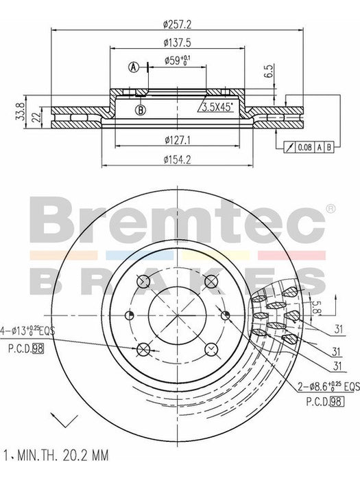Bremtec Euro-Line Disc Brake Rotor (Pair) 257.2mm BDR10840EL Discs Bremtec - Micks Gone Bush