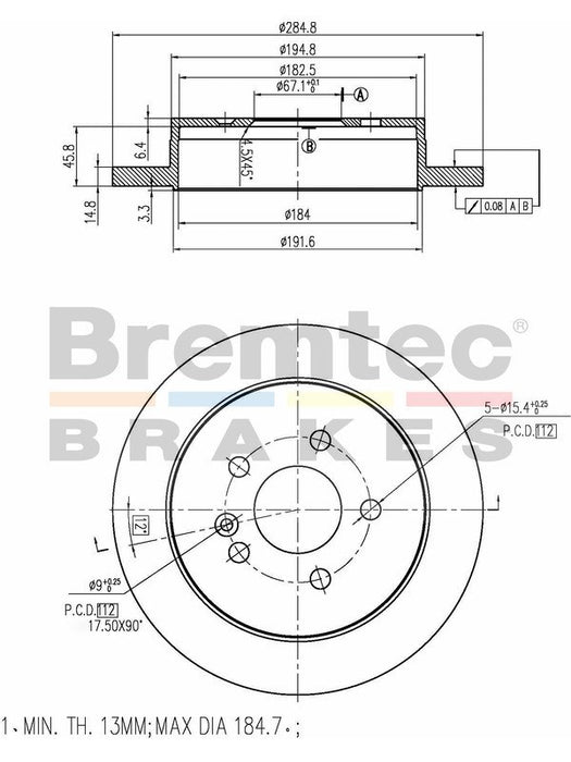 Bremtec Euro-Line Disc Brake Rotor (Single) 284.80mm BDR13600EL Discs Bremtec - Micks Gone Bush