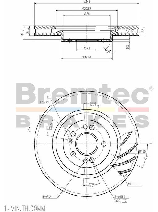 Bremtec Euro-Line Disc Brake Rotor (Pair) 345mm BDR14670EL Discs Bremtec - Micks Gone Bush