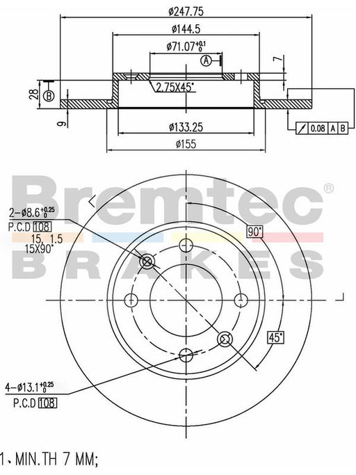 Bremtec Euro-Line Disc Brake Rotor (Pair) 246.7mm BDR14930EL Discs Bremtec - Micks Gone Bush