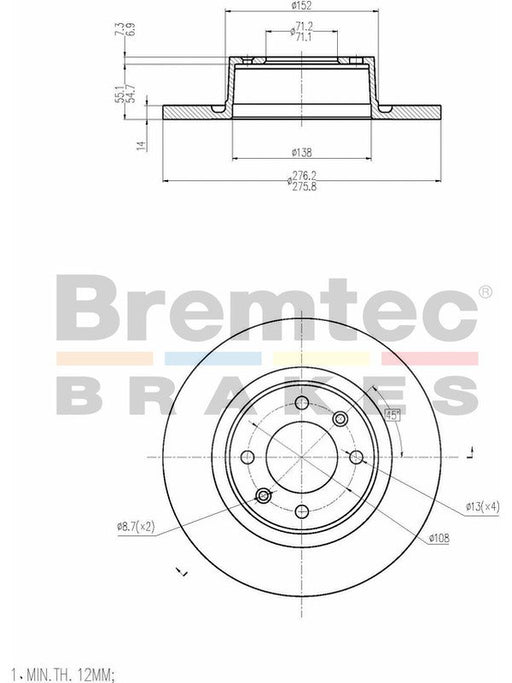 Bremtec Euro-Line Disc Brake Rotor (Pair) 276mm BDR15210EL Discs Bremtec - Micks Gone Bush