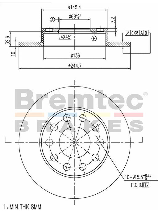 Bremtec Euro-Line Disc Brake Rotor (Pair) 244.7mm BDR15230EL Discs Bremtec - Micks Gone Bush