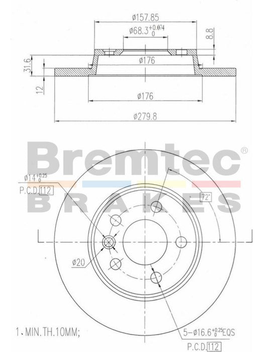 Bremtec Euro-Line Disc Brake Rotor (Pair) 279.9mm BDR15250EL Discs Bremtec - Micks Gone Bush