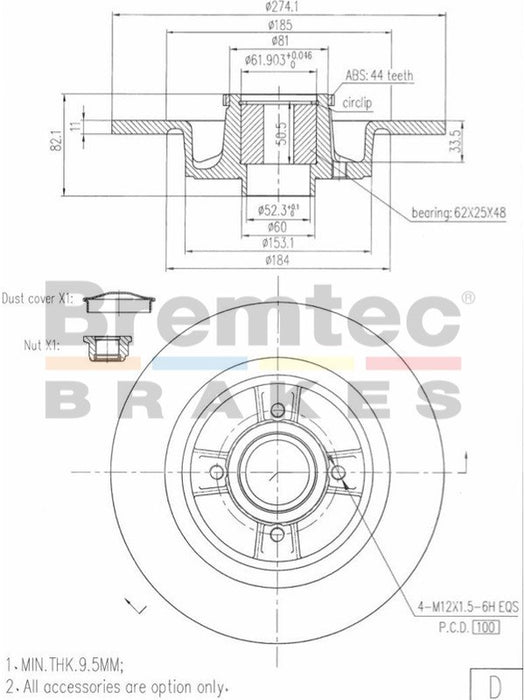 Bremtec Euro-Line Disc Brake Rotor (Single) 274mm BDR15660EL Discs Bremtec - Micks Gone Bush