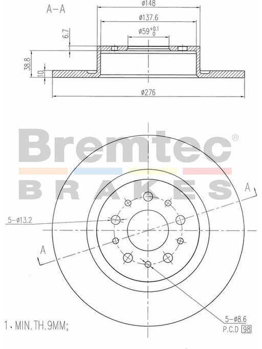 Bremtec Euro-Line Disc Brake Rotor (Single) 276.00mm BDR15930EL Discs Bremtec - Micks Gone Bush