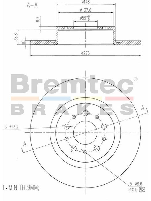 Bremtec Euro-Line Disc Brake Rotor (Single) 276.00mm BDR15930EL Discs Bremtec - Micks Gone Bush
