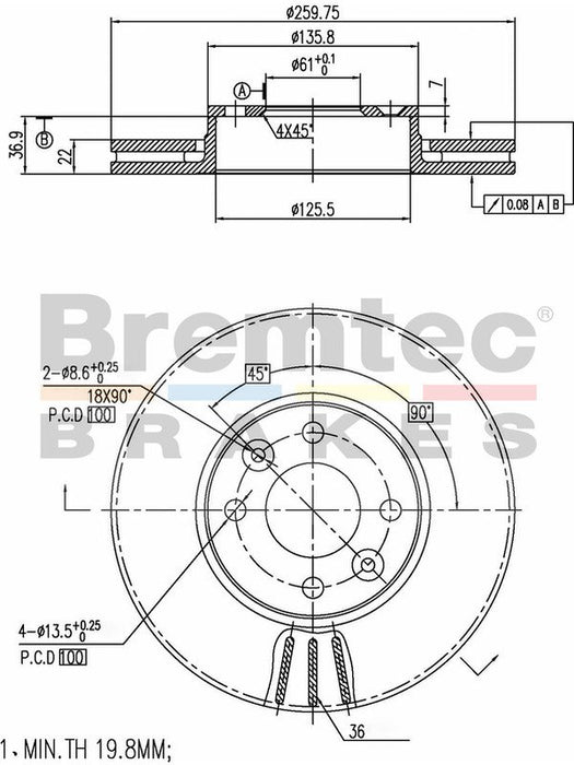 Bremtec Euro-Line Disc Brake Rotor (Pair) 259.75mm BDR16070EL Discs Bremtec - Micks Gone Bush