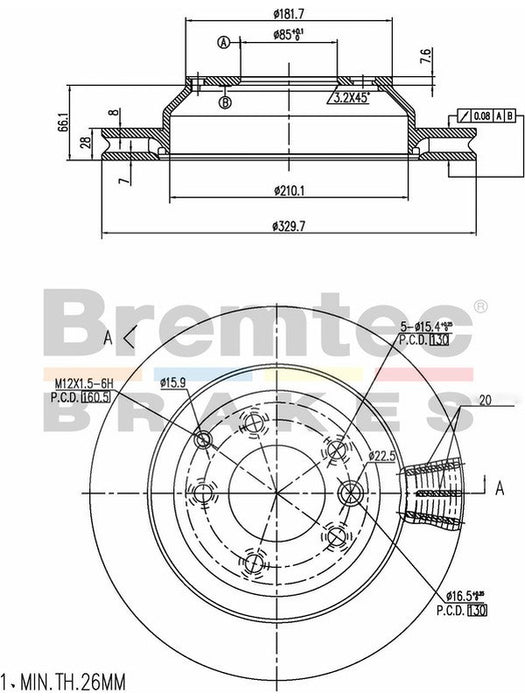 Bremtec Euro-Line Disc Brake Rotor (Single) 329.7mm BDR16120EL Bremtec - Micks Gone Bush