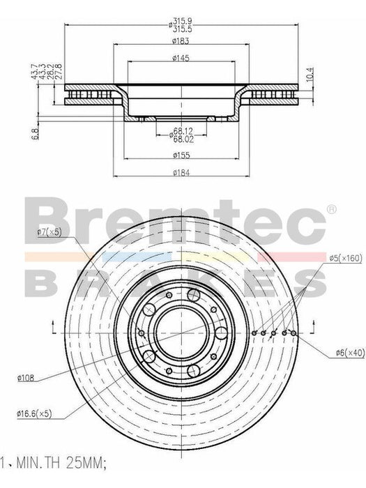 Bremtec Euro-Line Disc Brake Rotor (Single) 315.70mm BDR16140EL Discs Bremtec - Micks Gone Bush