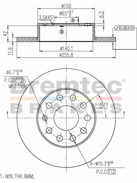 Bremtec Euro-Line Disc Brake Rotor (Pair) 255.9mm BDR16790EL Discs Bremtec - Micks Gone Bush