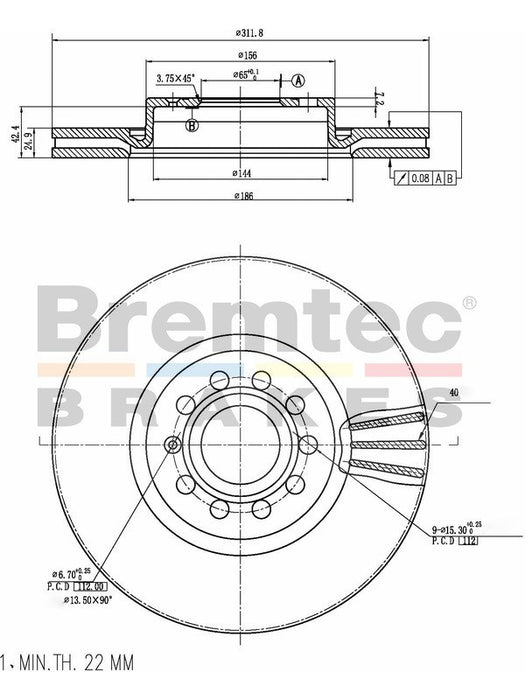 Bremtec Euro-Line High Grade Disc Brake Rotor (Pair) 312mm BDR17060ELH Discs Bremtec - Micks Gone Bush