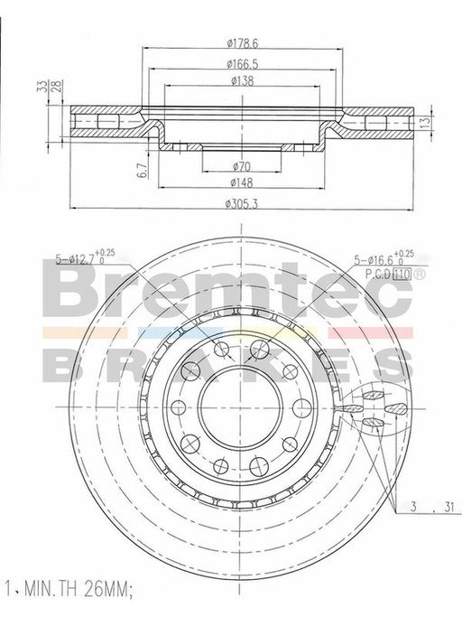 Bremtec Euro-Line Disc Brake Rotor (Pair) 305.3mm BDR17390EL Discs Bremtec - Micks Gone Bush