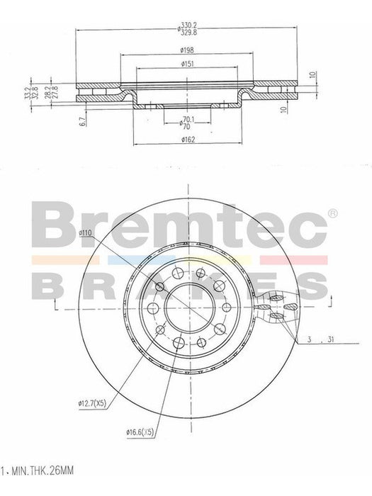 Bremtec Euro-Line Disc Brake Rotor (Pair) 330mm BDR17400EL Bremtec - Micks Gone Bush