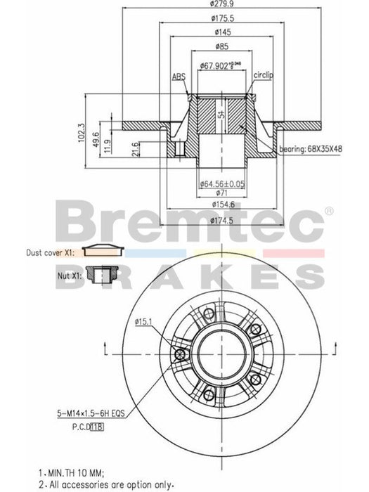 Bremtec Euro-Line Disc Brake Rotor (Single) 279.9mm BDR17640EL Discs Bremtec - Micks Gone Bush