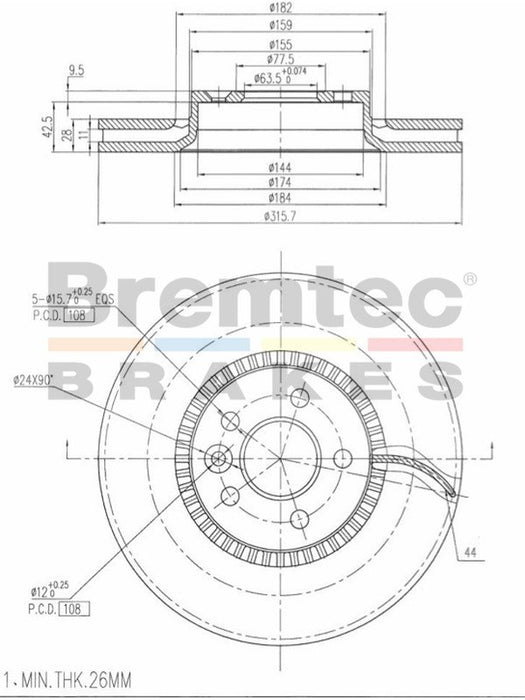 Bremtec Euro-Line Disc Brake Rotor (Single) 315.7mm BDR18280EL Discs Bremtec - Micks Gone Bush