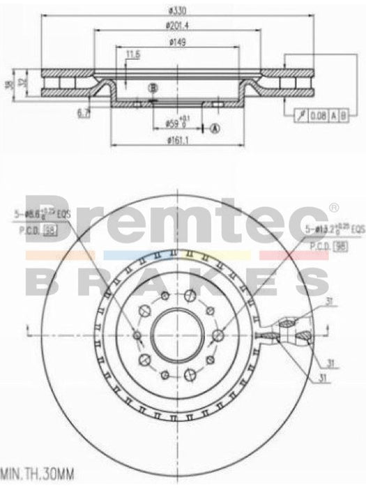 Bremtec Euro-Line Disc Brake Rotor (Pair) 330mm BDR18370EL Discs Bremtec - Micks Gone Bush