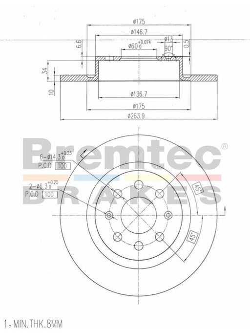 Bremtec Euro-Line Disc Brake Rotor (Pair) 263.9mm BDR19030EL Discs Bremtec - Micks Gone Bush