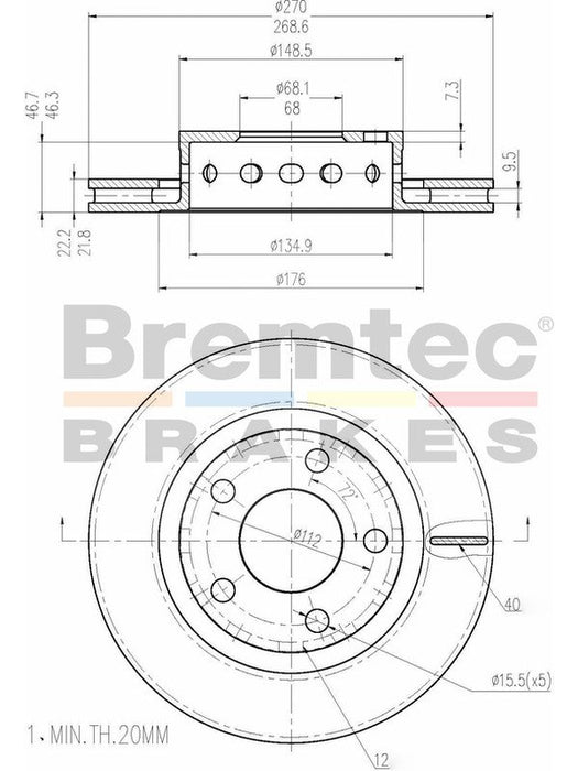 Bremtec Euro-Line Disc Brake Rotor (Pair) 268.80mm BDR19210EL Discs Bremtec - Micks Gone Bush