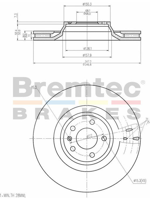 Bremtec Euro-Line Disc Brake Rotor (Single) 347.00mm BDR19890EL Discs Bremtec - Micks Gone Bush