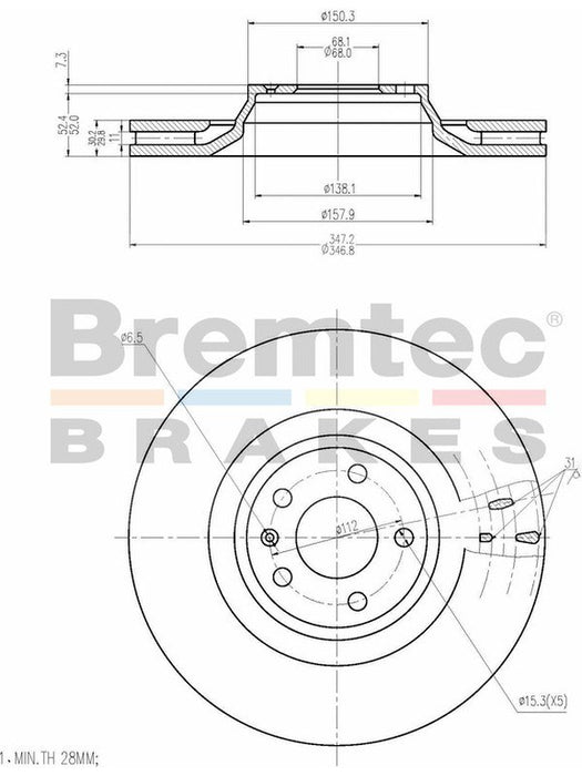 Bremtec Euro-Line Disc Brake Rotor (Single) 347.00mm BDR19890EL Discs Bremtec - Micks Gone Bush