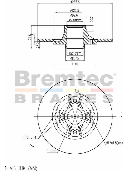 Bremtec Euro-Line Disc Brake Rotor (Single) 237.60mm BDR19970EL Bremtec - Micks Gone Bush