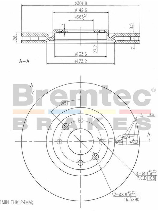 Bremtec Euro-Line Disc Brake Rotor (Pair) 301.8mm BDR20320EL Discs Bremtec - Micks Gone Bush