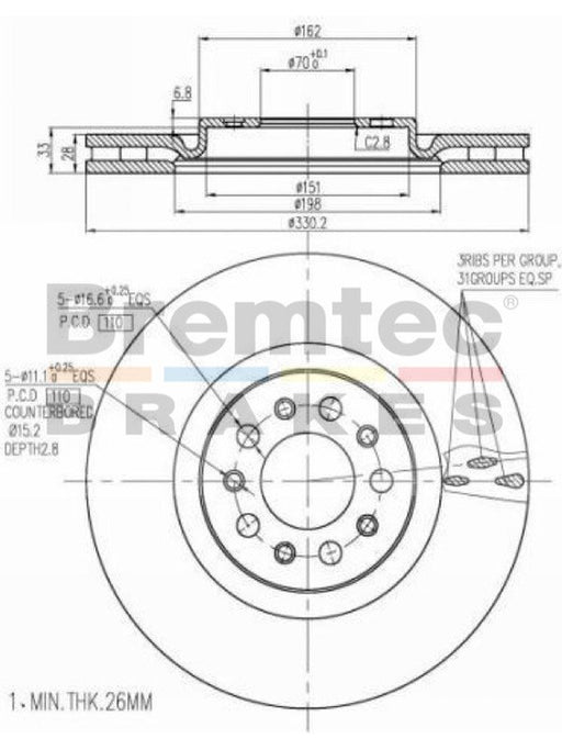 Bremtec Euro-Line Disc Brake Rotor (Pair) 330mm BDR21580EL Discs Bremtec - Micks Gone Bush