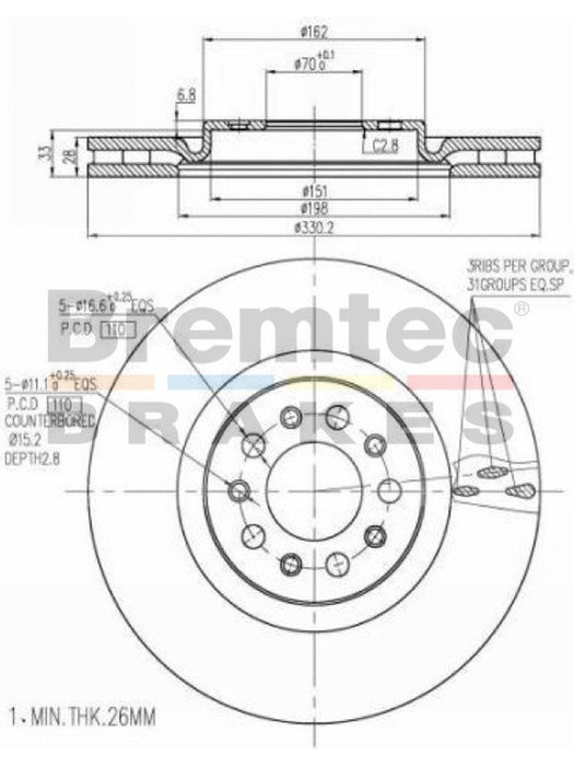 Bremtec Euro-Line Disc Brake Rotor (Pair) 330mm BDR21580EL Discs Bremtec - Micks Gone Bush