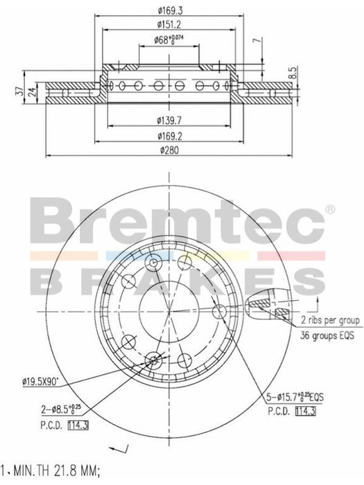 Bremtec Euro-Line Disc Brake Rotor (Pair) 280mm BDR21950EL Bremtec - Micks Gone Bush