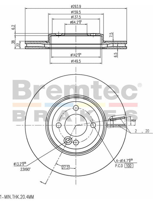 Bremtec Euro-Line Disc Brake Rotor (Pair) 293.9mm BDR21970EL Bremtec - Micks Gone Bush
