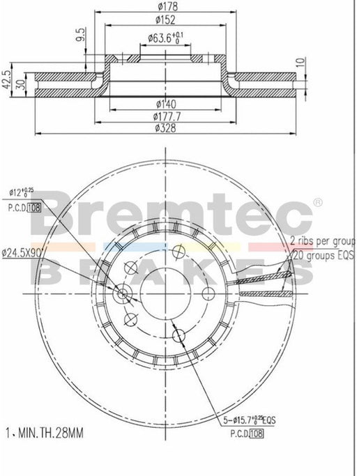 Bremtec Euro-Line High Grade Disc Brake Rotor (Single) 328mm BDR21980ELH Discs Bremtec - Micks Gone Bush
