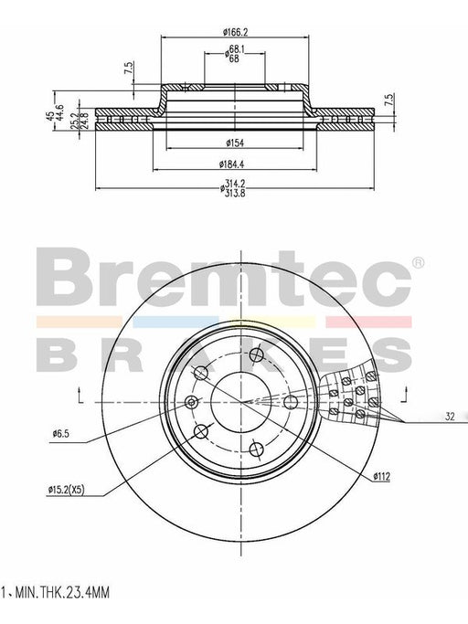 Bremtec Euro-Line Disc Brake Rotor (Pair) 313.8mm BDR22000EL Discs Bremtec - Micks Gone Bush
