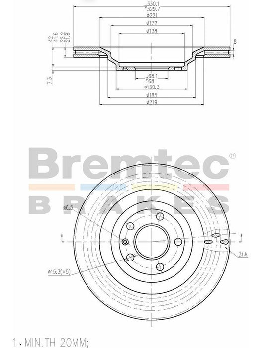 Bremtec Euro-Line Disc Brake Rotor (Single) 329.90mm BDR22490EL Discs Bremtec - Micks Gone Bush