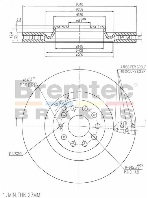 Bremtec Euro-Line Disc Brake Rotor (Pair) 340mm BDR22530EL Discs Bremtec - Micks Gone Bush